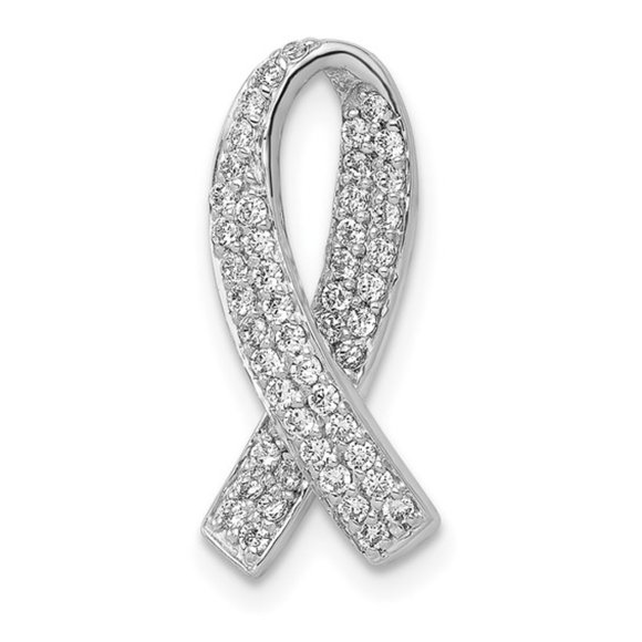 14k White Gold Cancer Awareness Ribbon with Natural Diamond Chain Slide Pendant - Picture 1 of 4